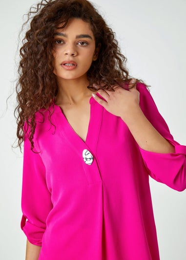 Roman Fuchsia V-Neck Longline Button Detail Tunic Top