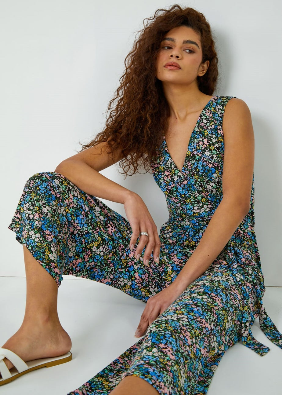 Roman Blue Sleeveless Floral Print Stretch Jumpsuit