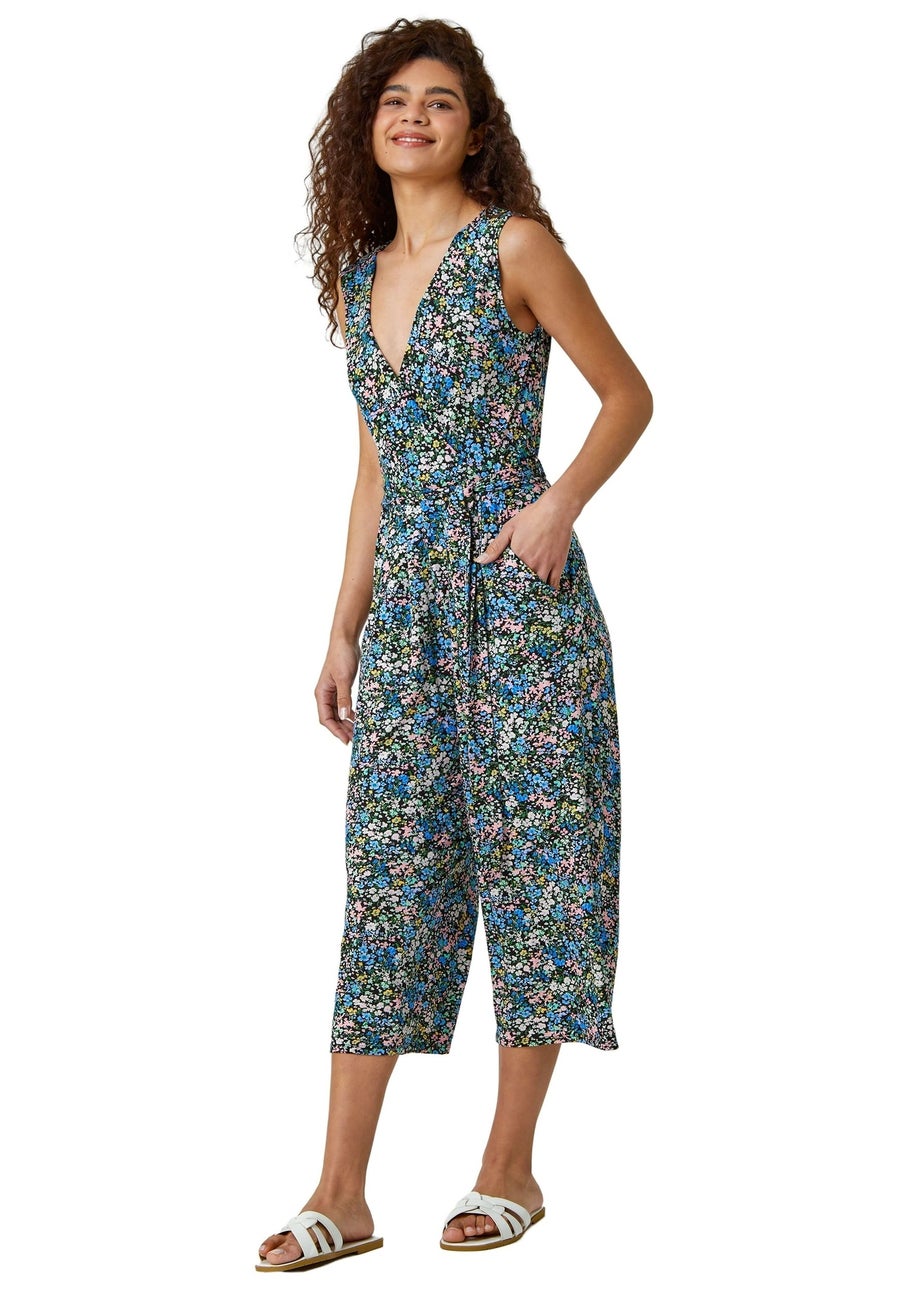 Roman Blue Sleeveless Floral Print Stretch Jumpsuit