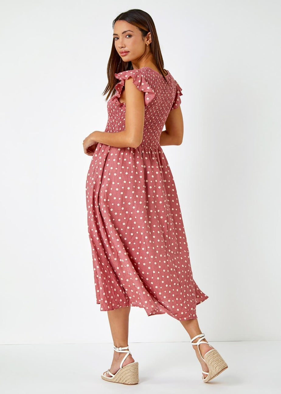 Roman Pink Frill Sleeve Spot Shirred Midi Dress
