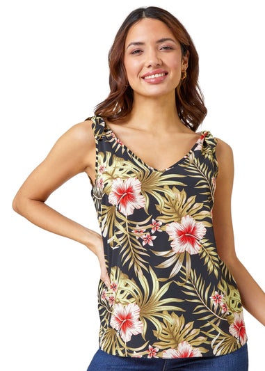 Roman Black Tropical Print V-Neck Chiffon Cami Vest Top