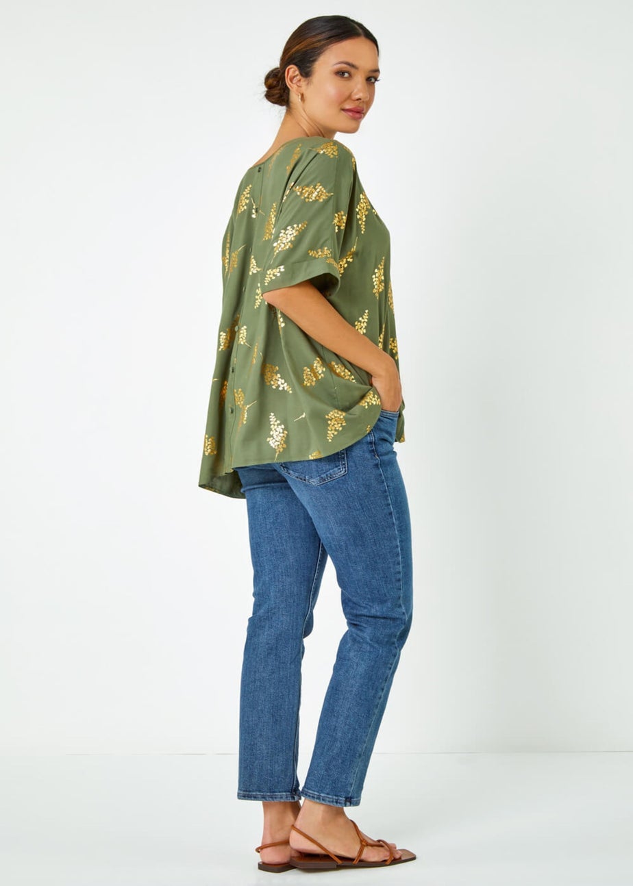 Roman Khaki Metallic Leaf Print Oversized T-Shirt