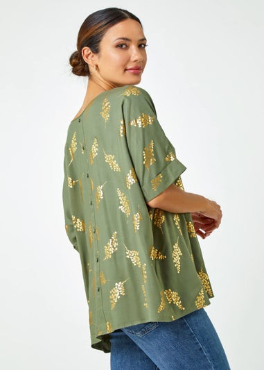 Roman Khaki Metallic Leaf Print Oversized T-Shirt