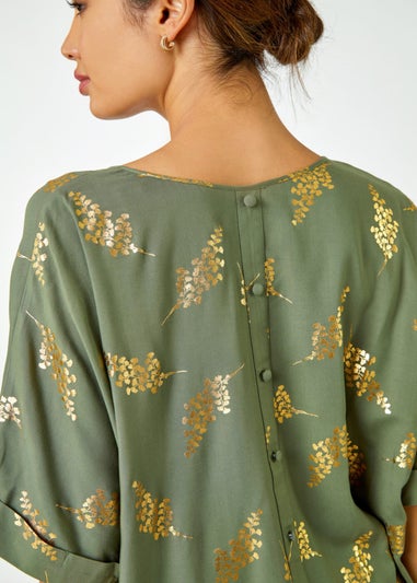 Roman Khaki Metallic Leaf Print Oversized T-Shirt