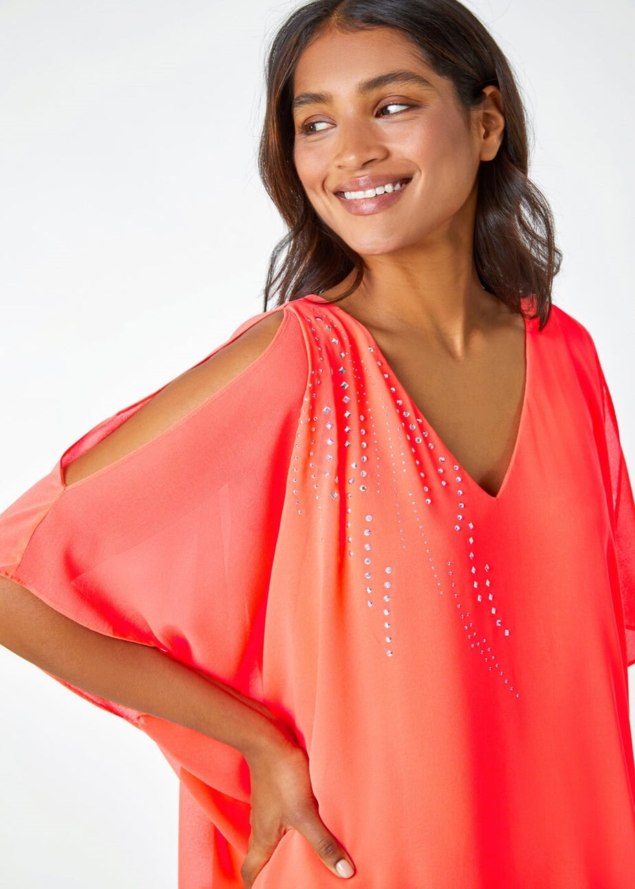 Roman Coral Embellished Cold Shoulder Overlay Dress