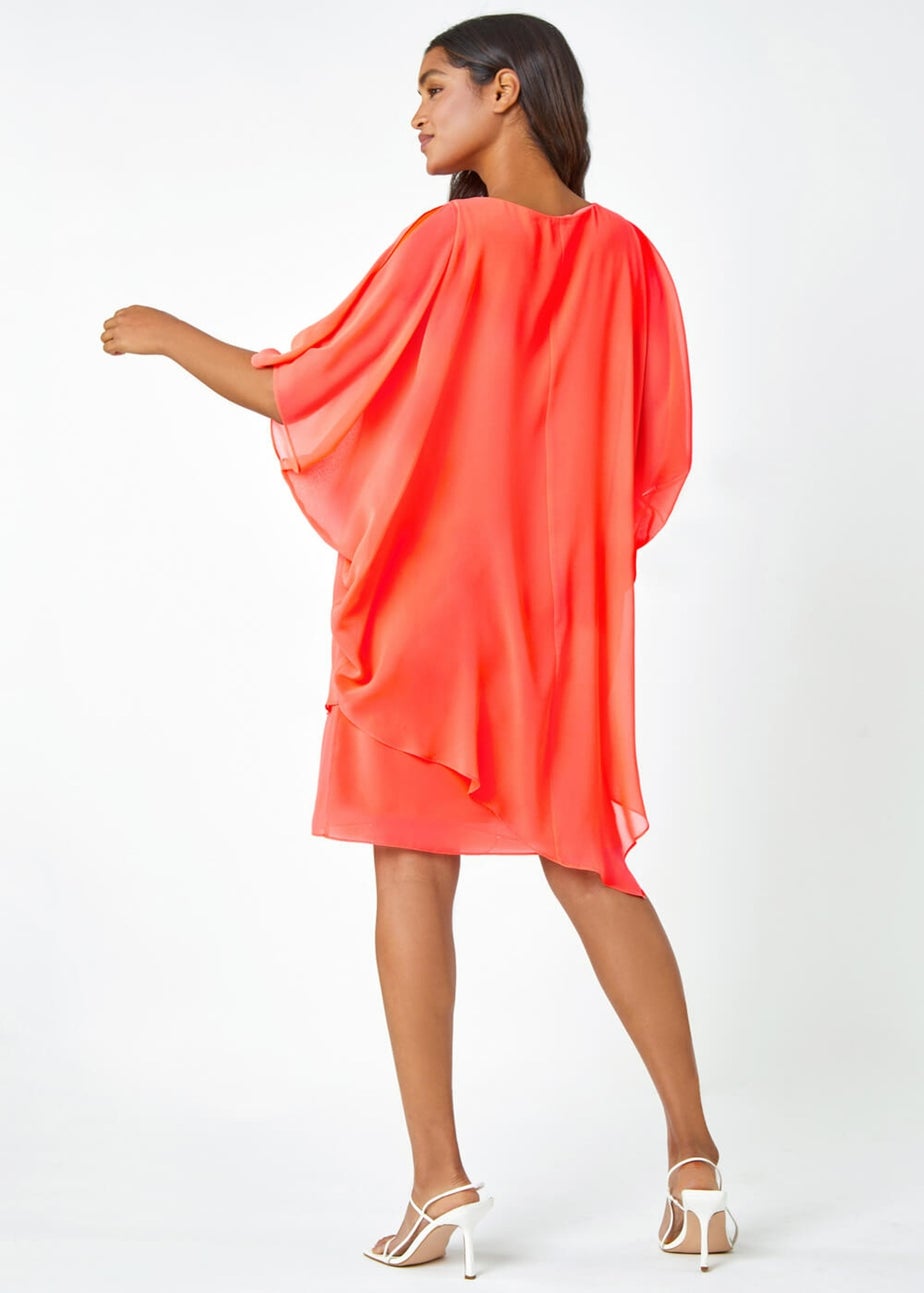 Roman Coral Embellished Cold Shoulder Overlay Dress