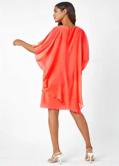 Roman Coral Embellished Cold Shoulder Overlay Dress