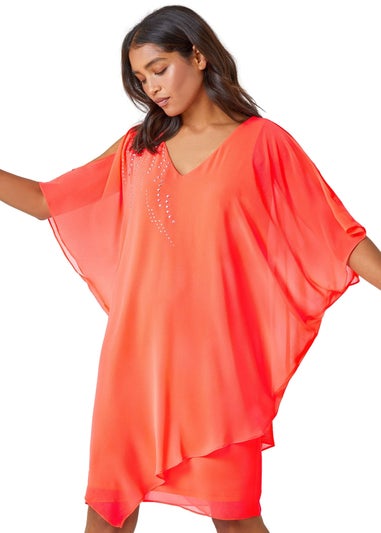 Roman Coral Embellished Cold Shoulder Overlay Dress