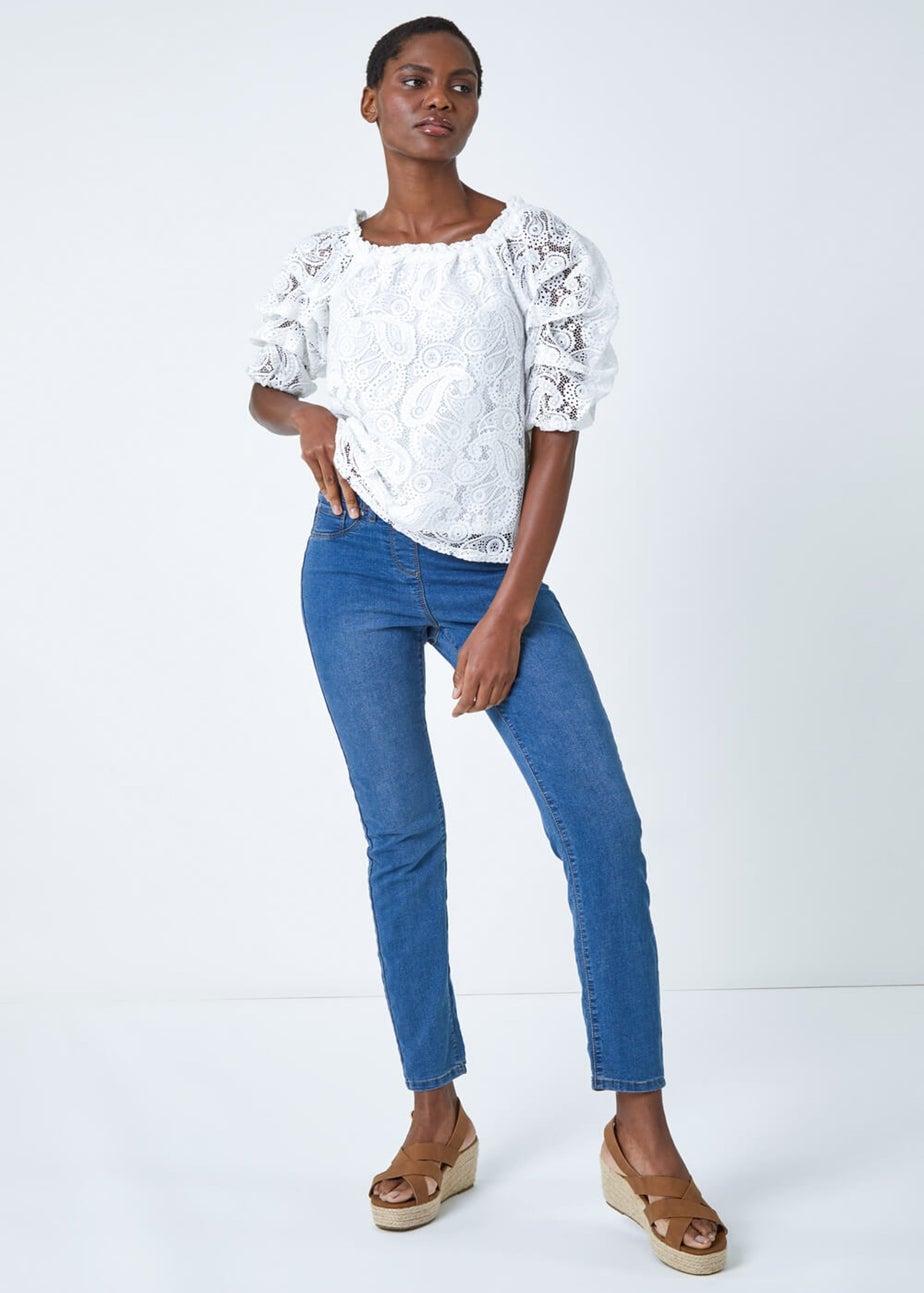 Roman Ivory Paisley Lace Ruched Sleeve Bardot Top