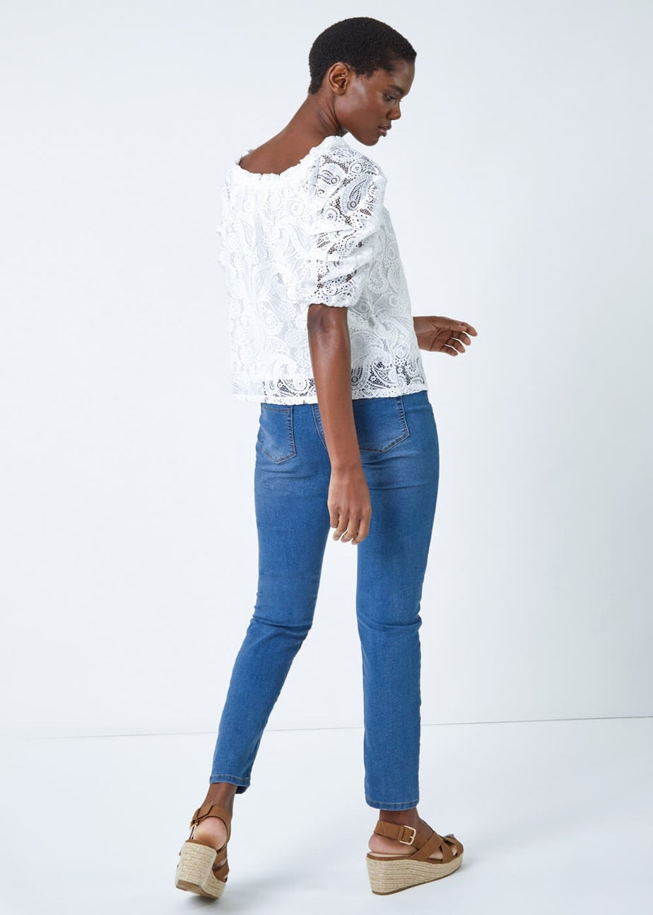 Roman Ivory Paisley Lace Ruched Sleeve Bardot Top