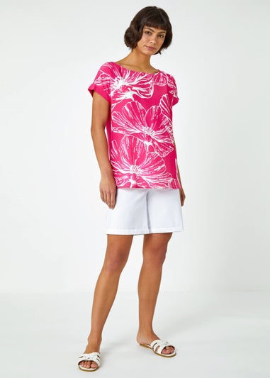 Roman Pink Linear Floral Print Stretch T-Shirt