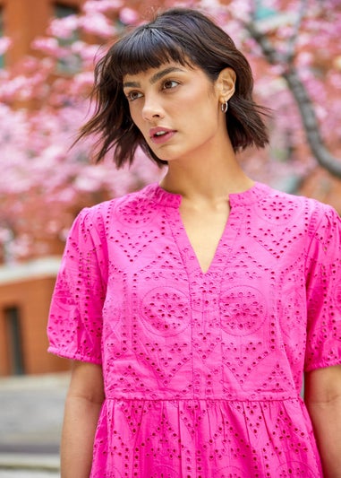 Roman Fuchsia Embroidered Tiered Cotton Smock Dress