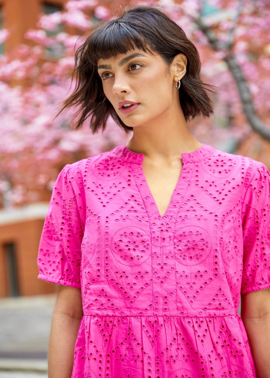 Roman Fuchsia Embroidered Tiered Cotton Smock Dress