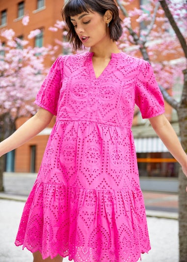 Roman Fuchsia Embroidered Tiered Cotton Smock Dress