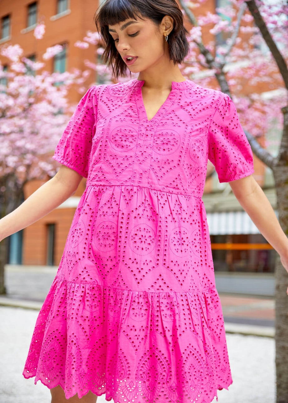 Roman Fuchsia Embroidered Tiered Cotton Smock Dress