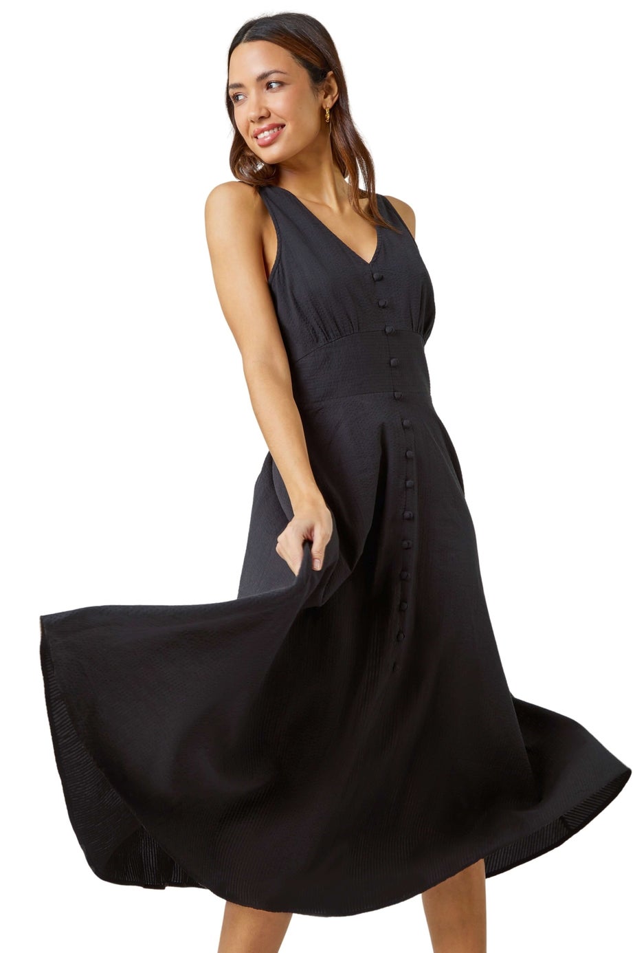 Roman Black Sleeveless Button Detail Cotton Midi Dress