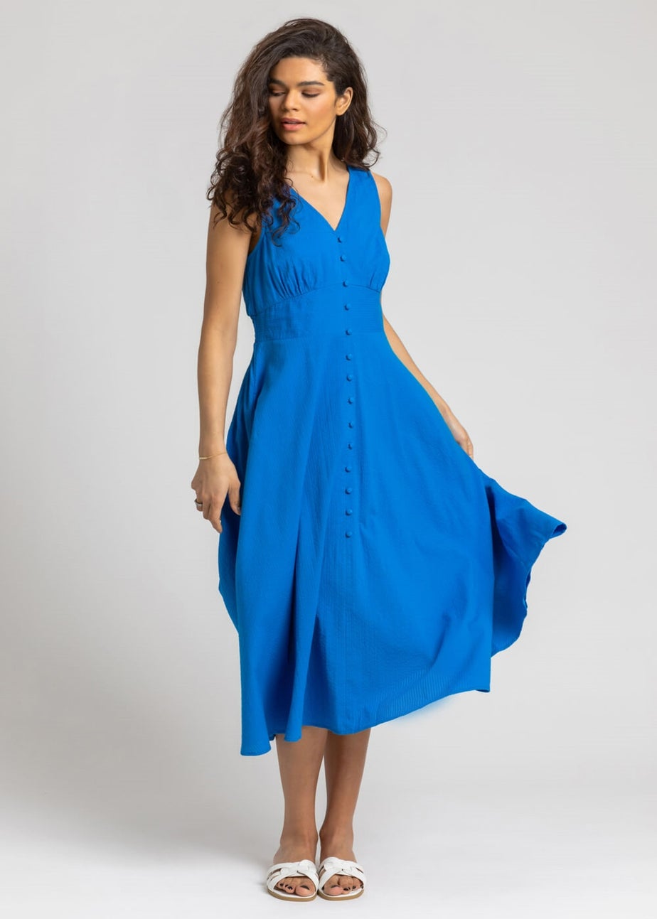 Roman Royal Blue Button Detail Cotton Midi Dress