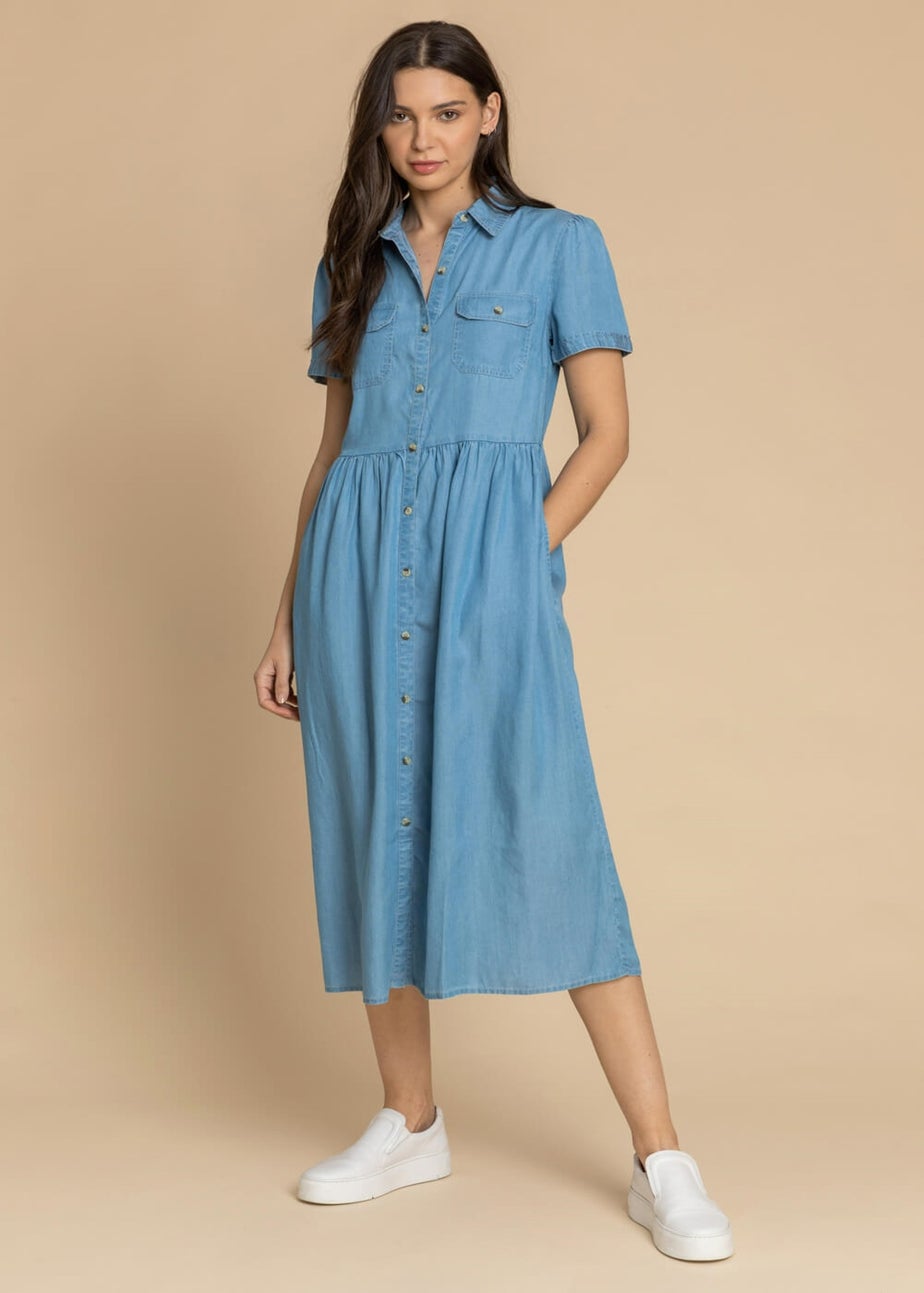 Roman Light Blue Denim Buttoned Midi Shirt Dress