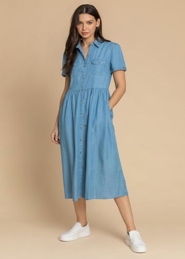 Roman Light Blue Denim Buttoned Midi Shirt Dress