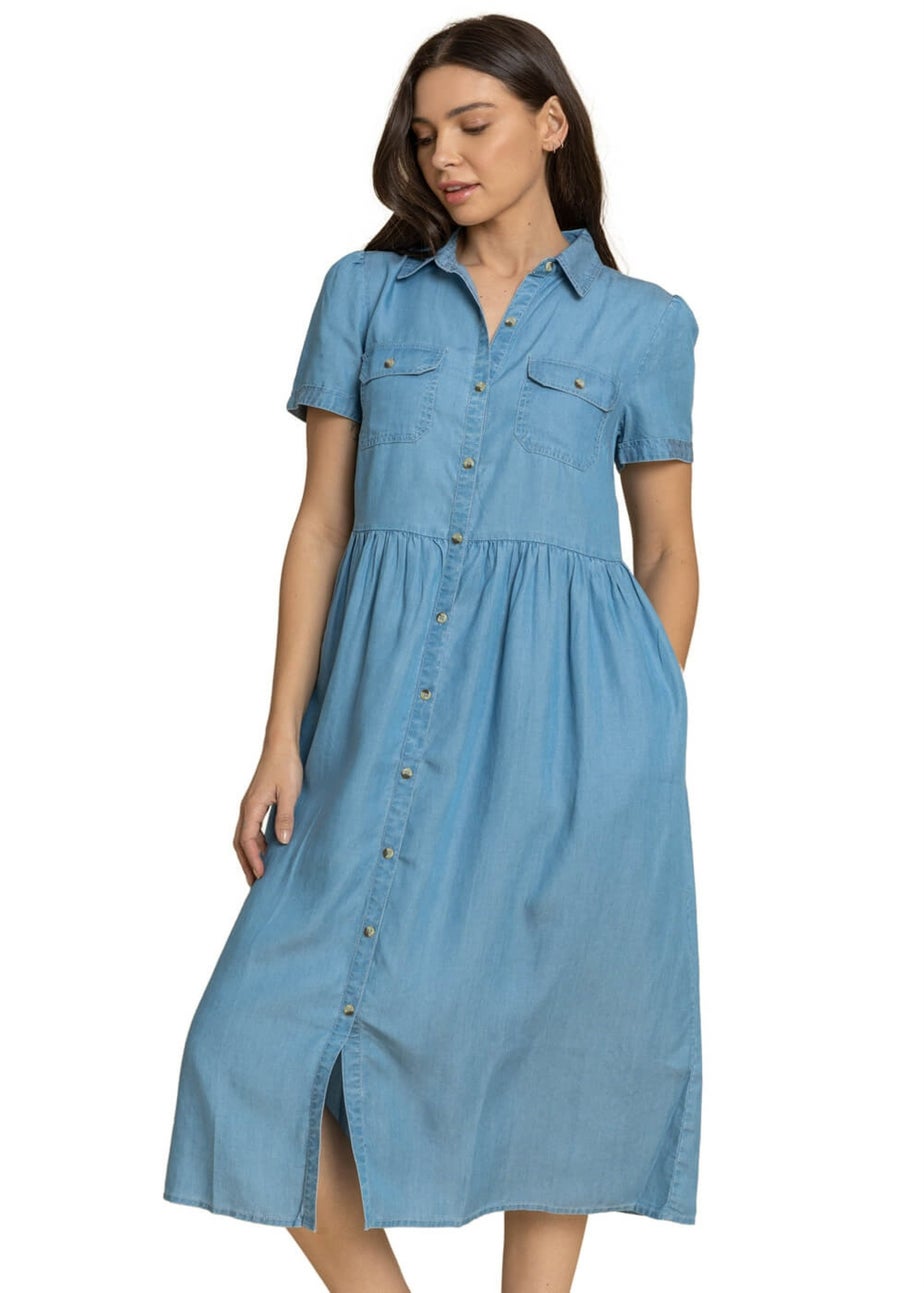 Roman Light Blue Denim Buttoned Midi Shirt Dress