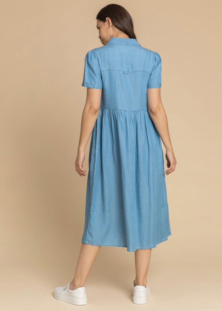 Roman Light Blue Denim Buttoned Midi Shirt Dress