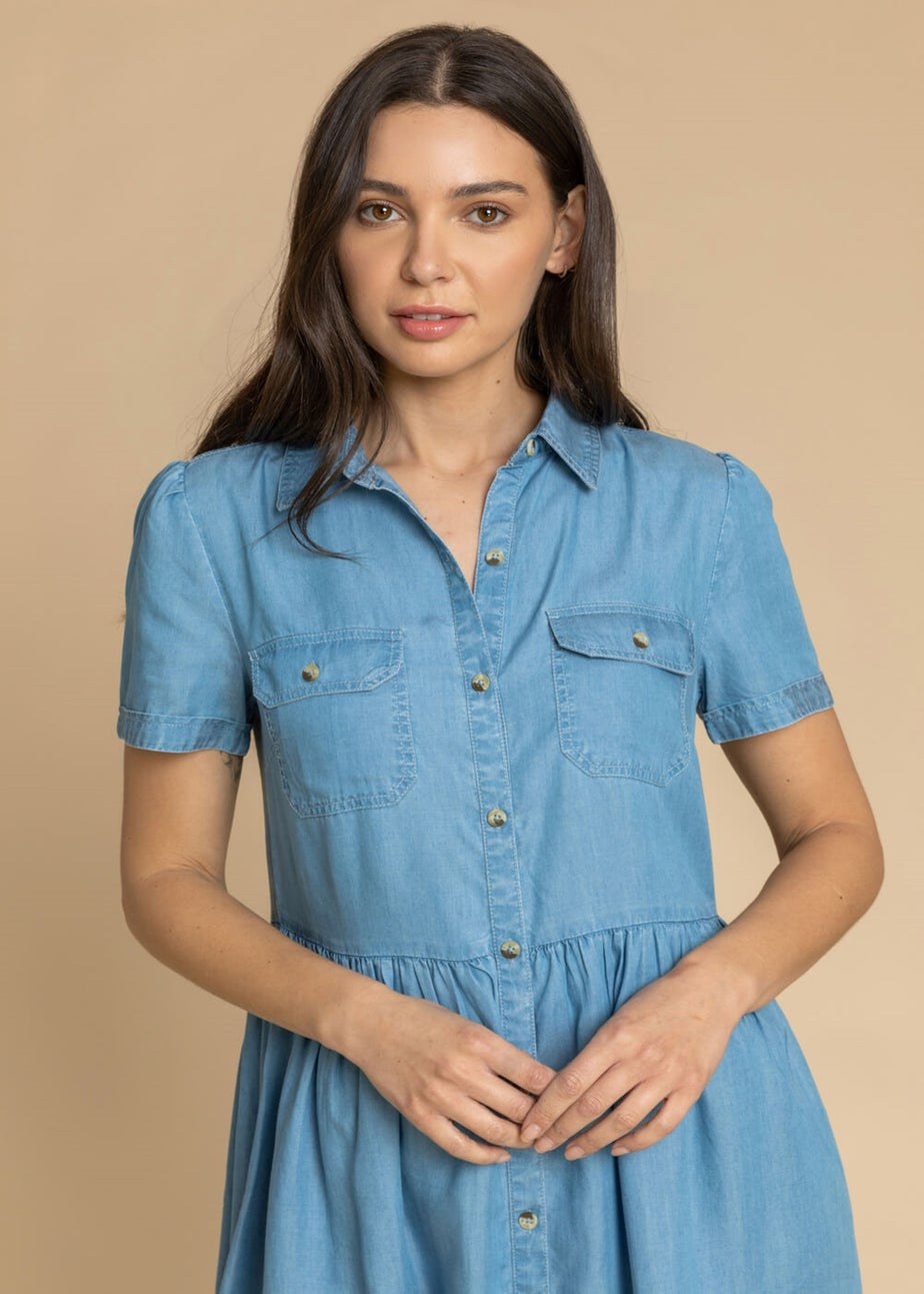 Roman Light Blue Denim Buttoned Midi Shirt Dress