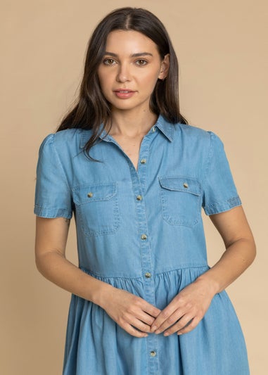 Roman Light Blue Denim Buttoned Midi Shirt Dress