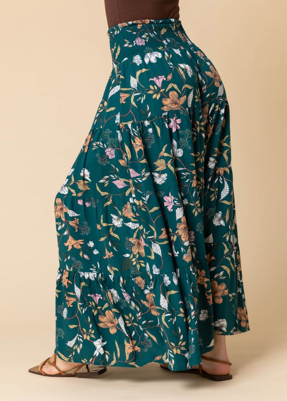 Roman Teal Floral Shirred Elastic Waist Maxi Skirt