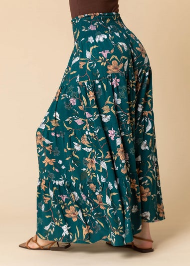 Roman Teal Floral Shirred Elastic Waist Maxi Skirt