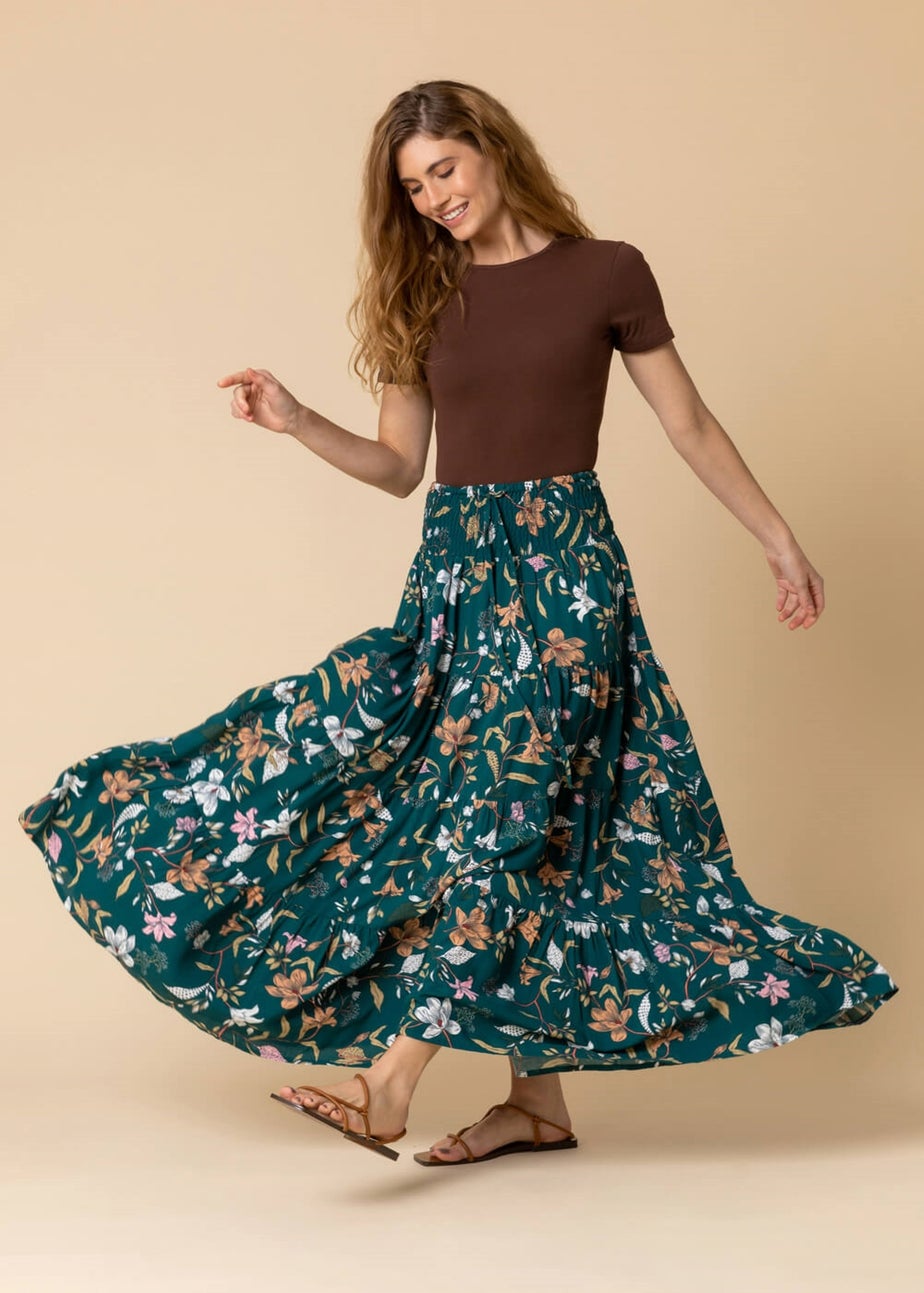 Roman Teal Floral Shirred Elastic Waist Maxi Skirt