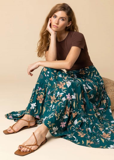 Roman Teal Floral Shirred Elastic Waist Maxi Skirt