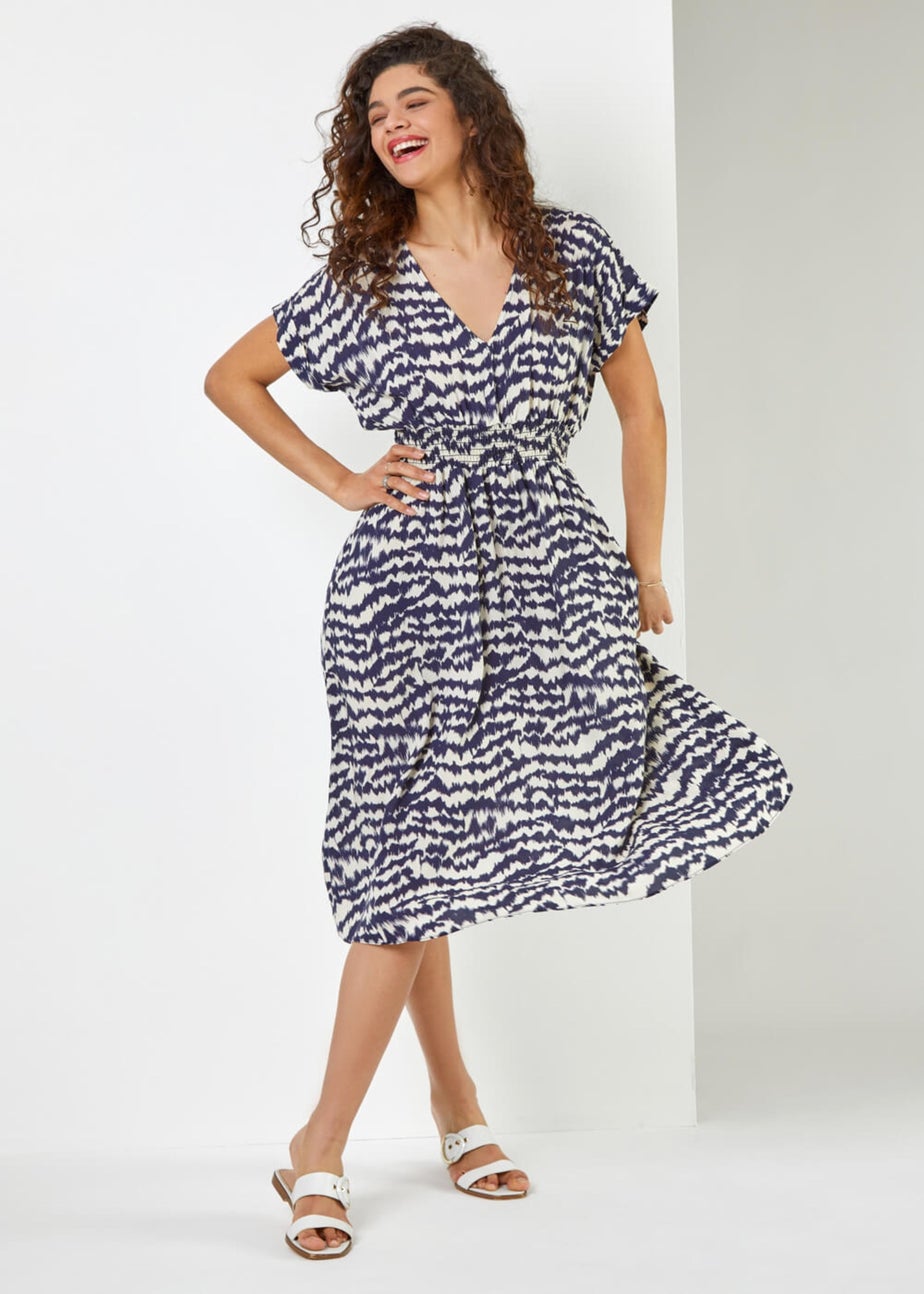 Roman Navy Abstract Print Fit & Flare Dress