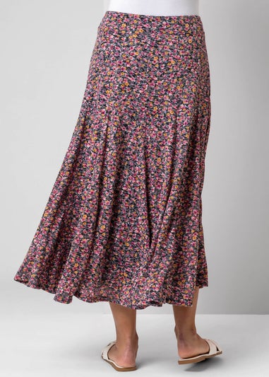 Roman Pink Ditsy Floral Burnout Elastic Waist Midi Skirt