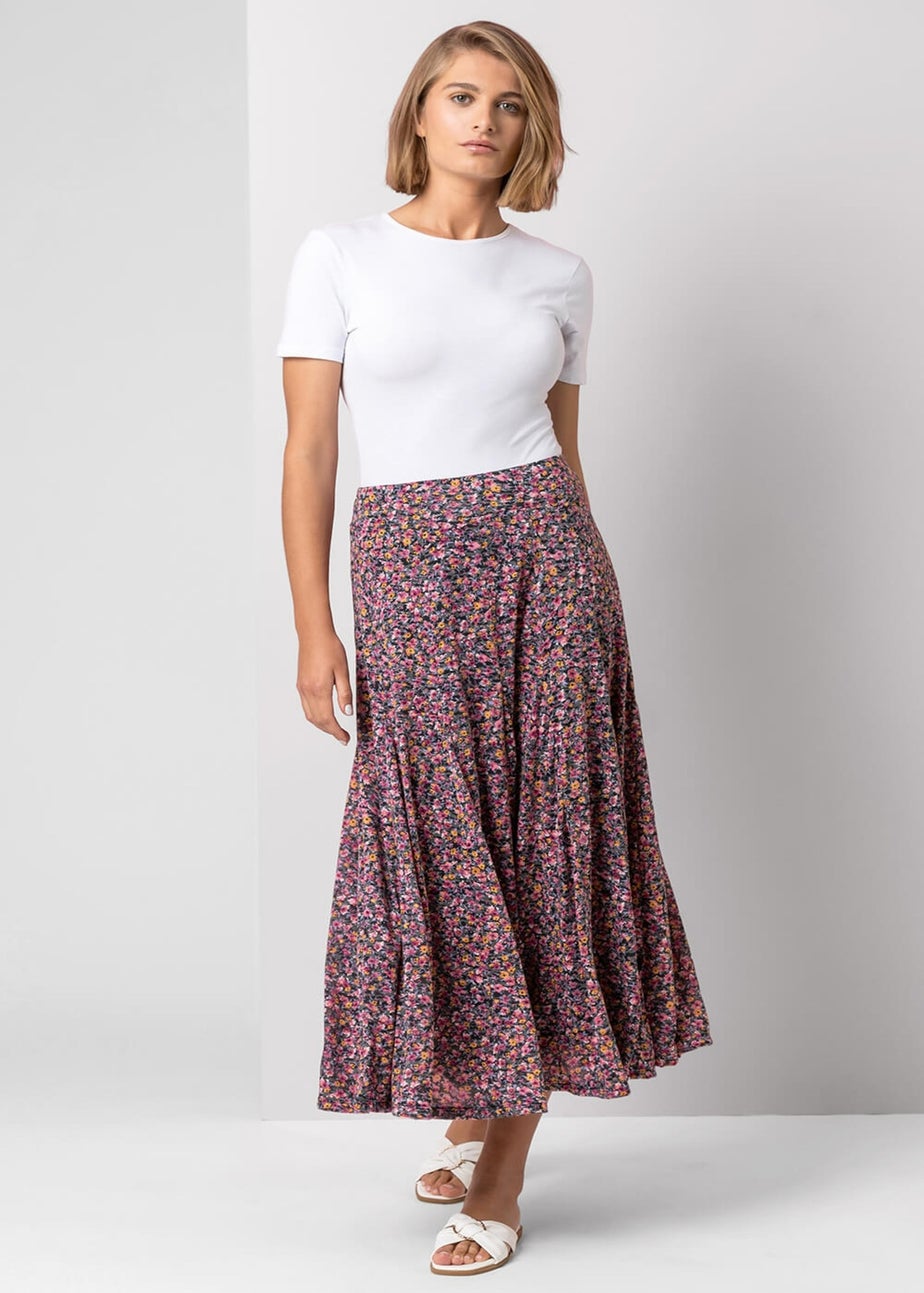 Roman Pink Ditsy Floral Burnout Elastic Waist Midi Skirt
