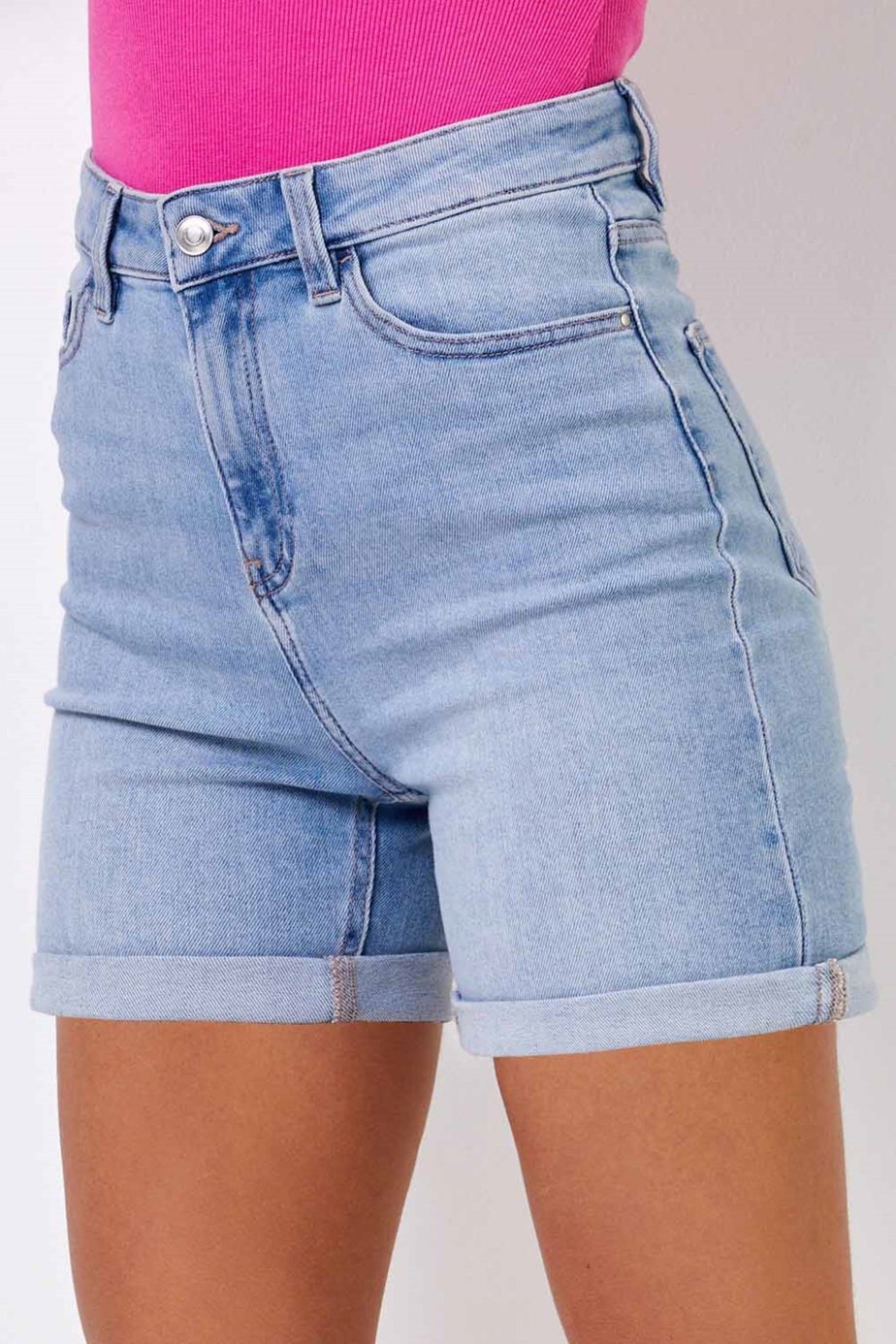 Roman Light Denim Stretch Denim Mom Shorts