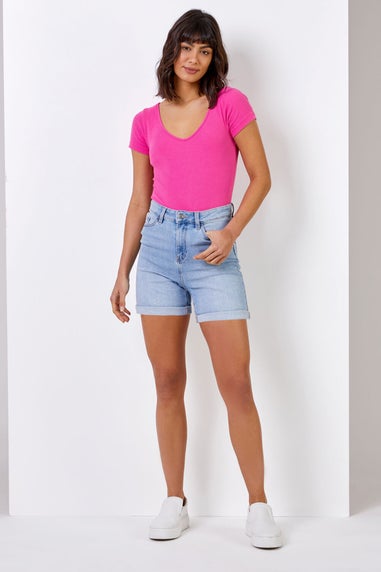Roman Light Denim Stretch Denim Mom Shorts