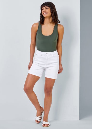 Roman White Stretch Denim Mom Shorts