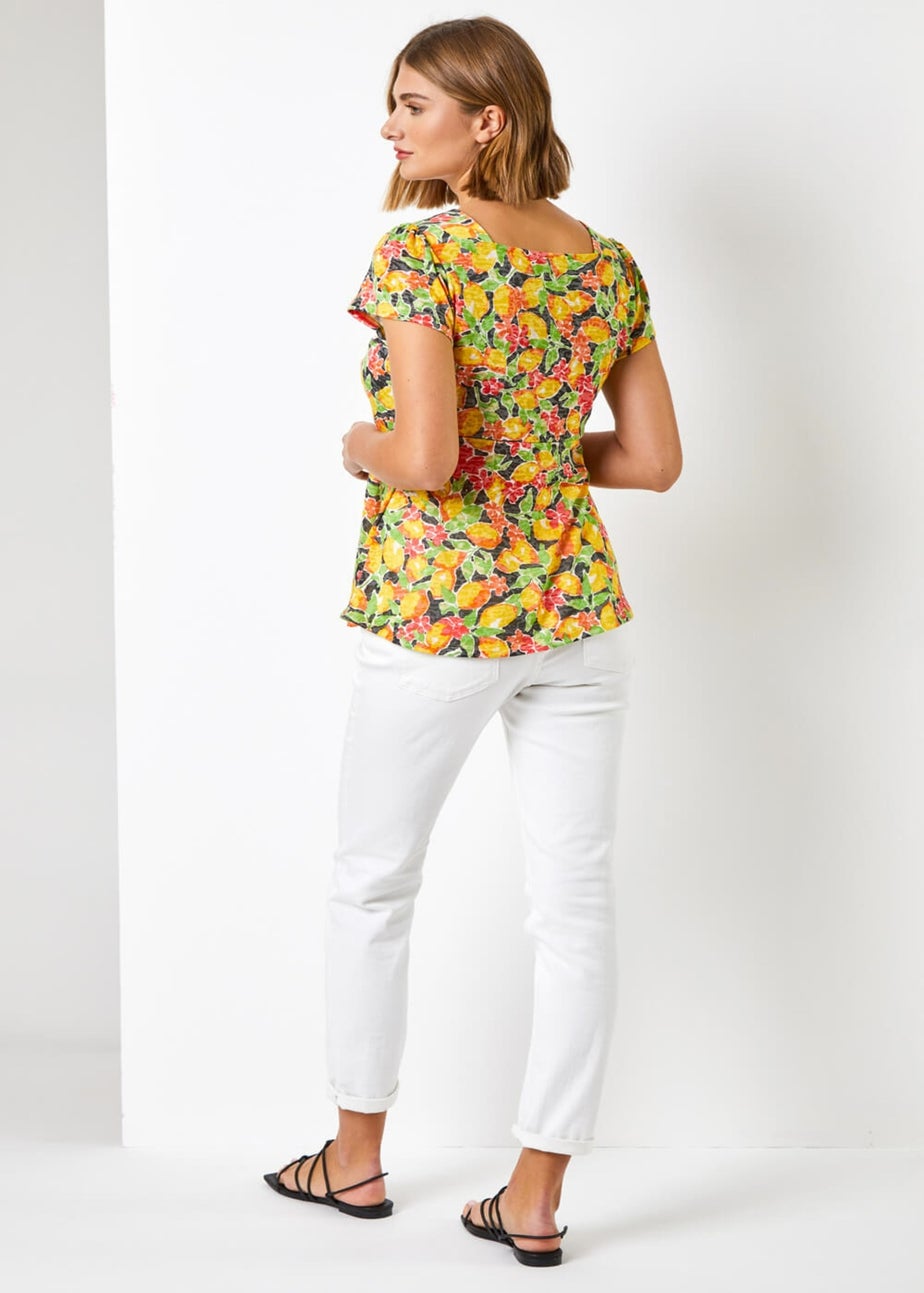 Roman Yellow Lemon Print Tie Detail Top