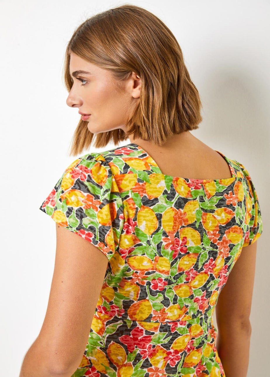 Roman Yellow Lemon Print Tie Detail Top