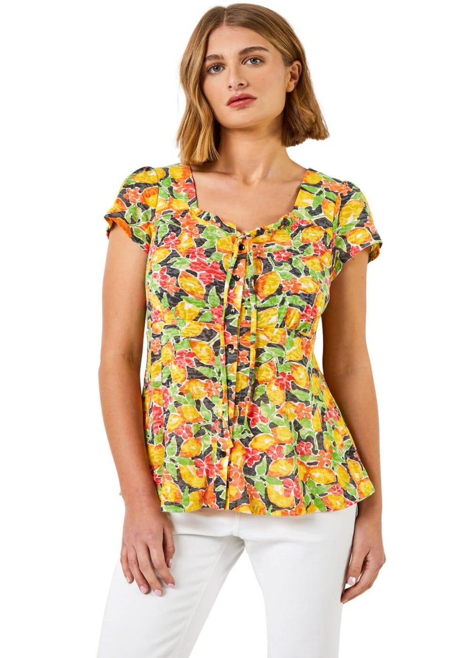 Roman Yellow Lemon Print Tie Detail Top