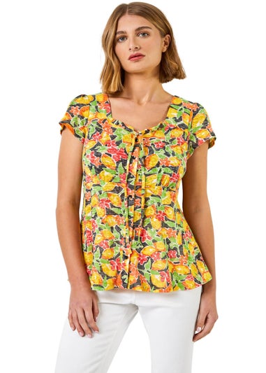 Roman Yellow Lemon Print Tie Detail Top