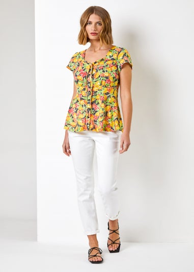 Roman Yellow Lemon Print Tie Detail Top