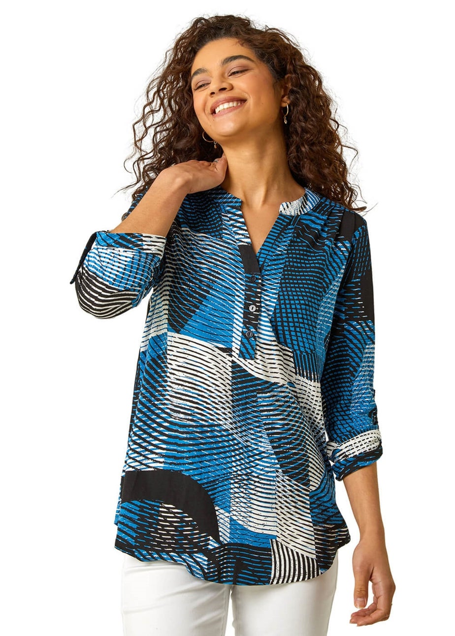 Roman Blue Geo Print Notch Neck Tunic Top