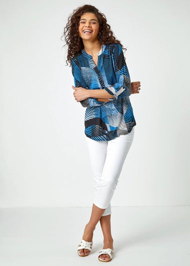 Roman Blue Geo Print Notch Neck Tunic Top