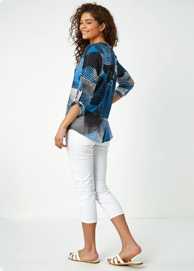 Roman Blue Geo Print Notch Neck Tunic Top