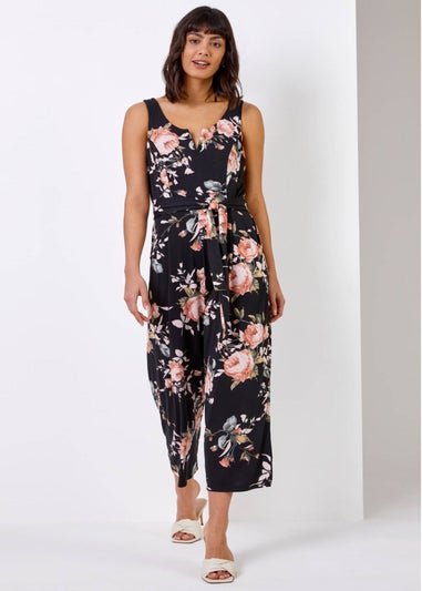Roman Black Floral Stretch Cropped Leg Jumpsuit