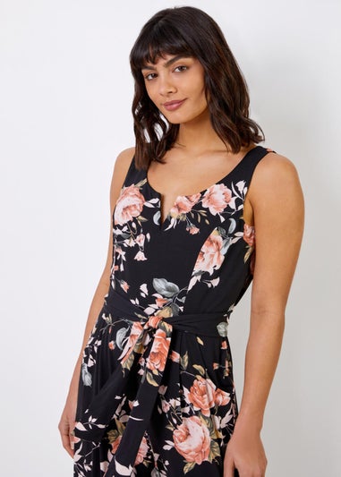 Roman Black Floral Stretch Cropped Leg Jumpsuit