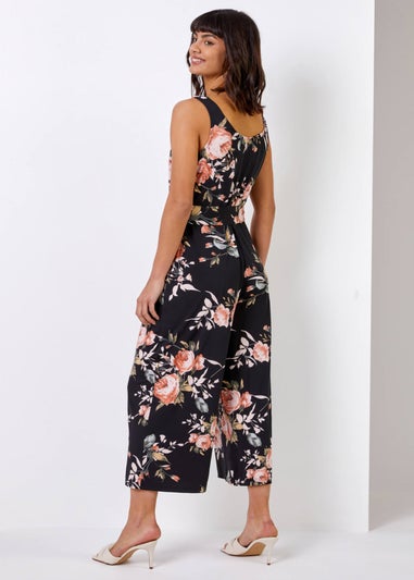 Roman Black Floral Stretch Cropped Leg Jumpsuit