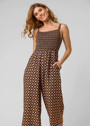 Roman Brown Contrast Geo Print Belted Jumpsuit