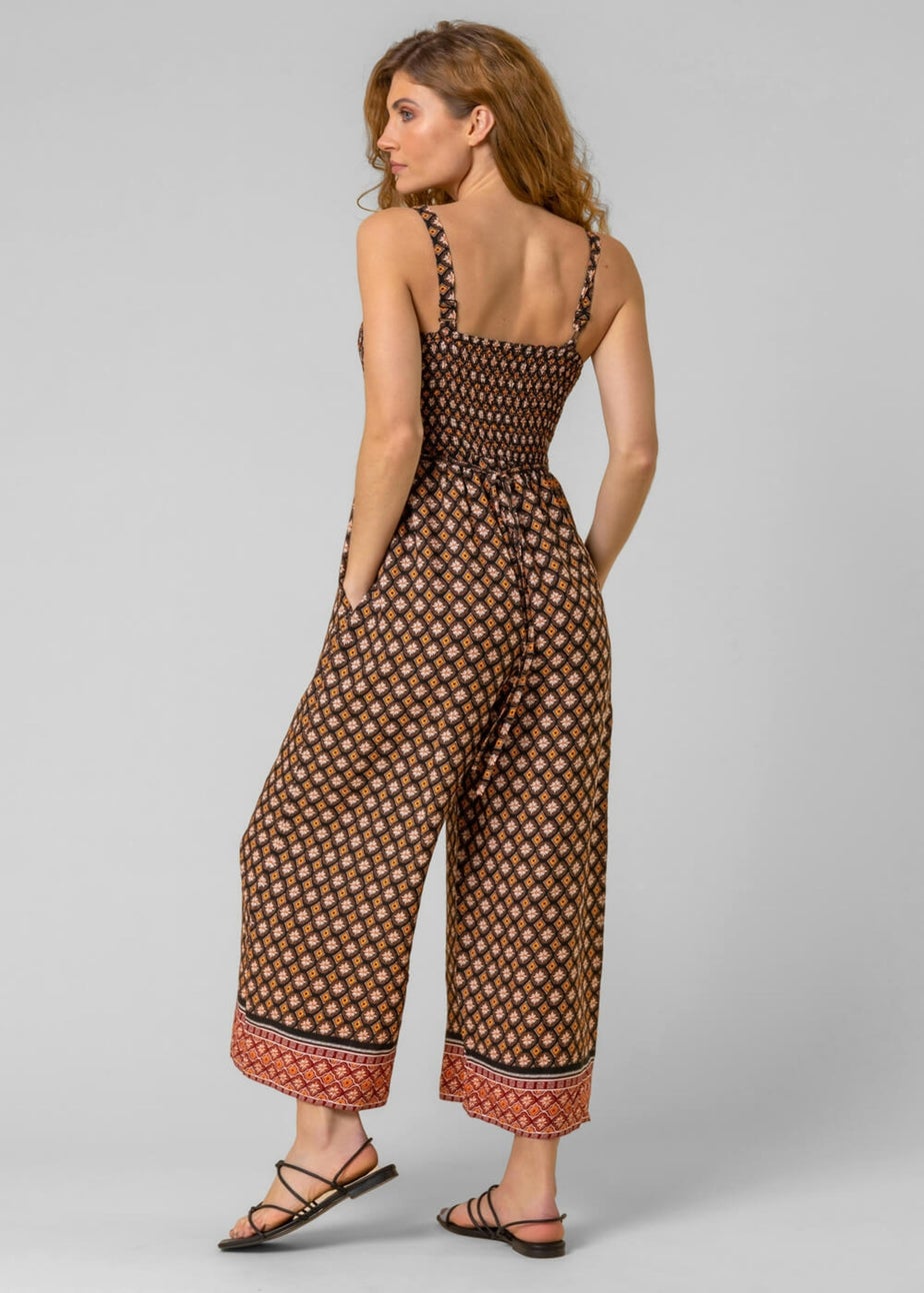 Roman Brown Contrast Geo Print Belted Jumpsuit